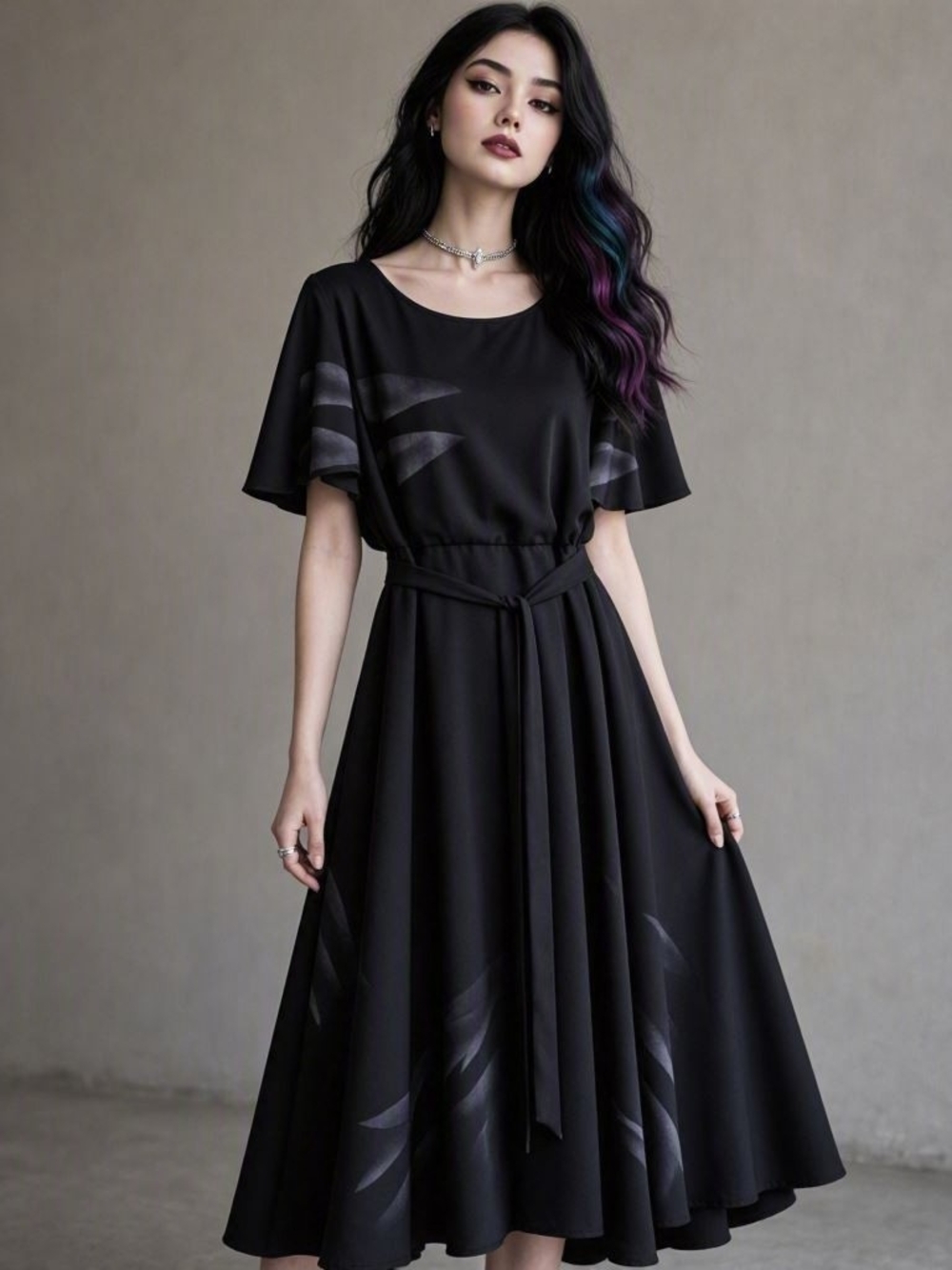 1970s Vintage Gothic Black Midi Belted Dress